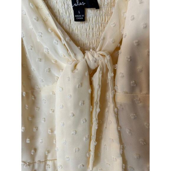 Lulus Dress Size Large Be a Dear Tie Front Mini in Cream Smocked Back Swiss Dot - Picture 4 of 14